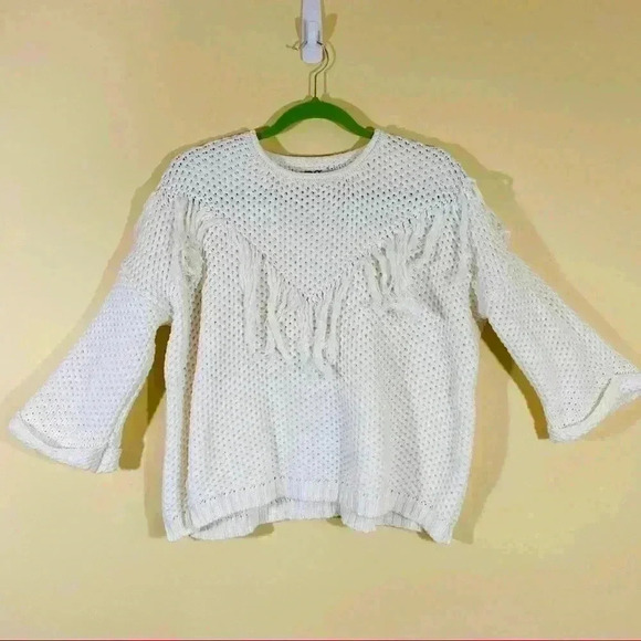PPLA Creme Crochet 3/4 Sleeve 100% Cotton Loose Knit Cropped Sweater Size S - Picture 2 of 13